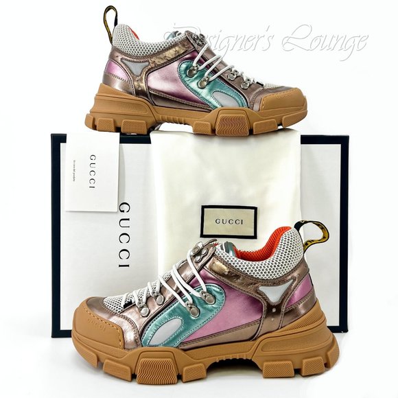 ⚡️SOLD! NEW GUCCI Flashtrek EU 39 / US 8.5 Metallic Leather SEGA Logo Sneakers - Picture 9 of 12